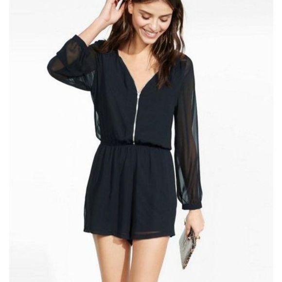 Express Pants - Express Long Sleeve Zep Front Romper in Black